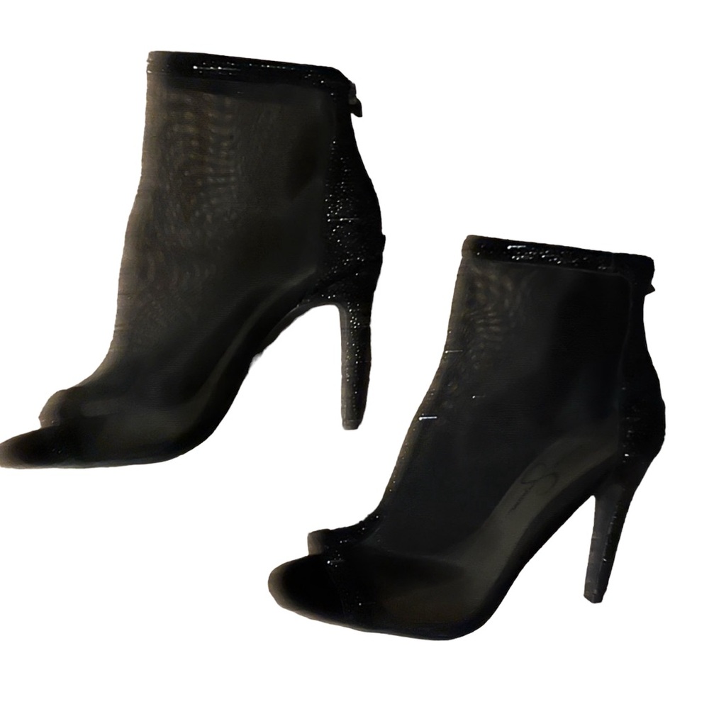 Jessica Simpson Booties Black Sz 8 Energee Mesh Jeweled Shooties Heels Peep Toe
